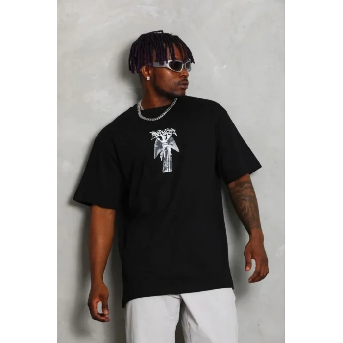 Erkek Baskılı T-Shirt Kısa Kol Bisiklet Yaka Regular Fit Rahat Kalıp Günlük Tişört - Siyah