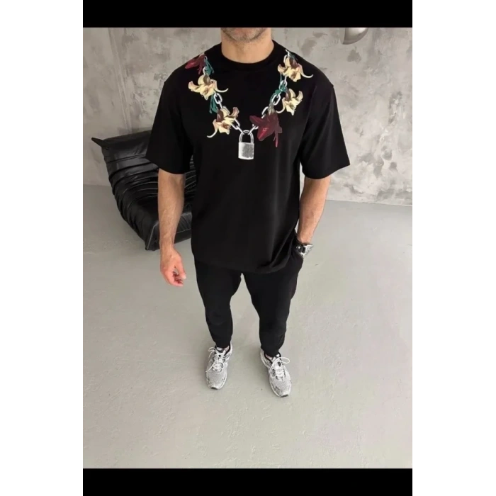 Erkek Baskılı T-Shirt Kısa Kol Bisiklet Yaka Regular Fit Rahat Kalıp Günlük Tişört - Siyah