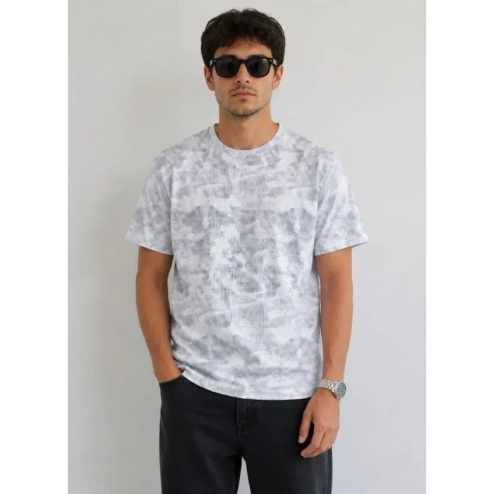 Erkek Batik Desenli Tişört Bisiklet Yaka Kısa Kol Regular Fit T-shirt - Gri