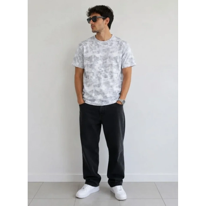 Erkek Batik Desenli Tişört Bisiklet Yaka Kısa Kol Regular Fit T-shirt - Gri