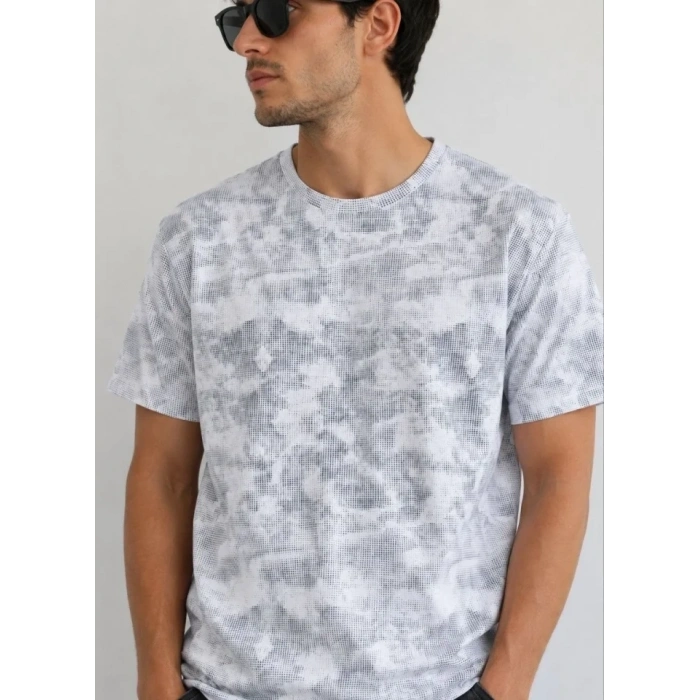 Erkek Batik Desenli Tişört Bisiklet Yaka Kısa Kol Regular Fit T-shirt - Gri