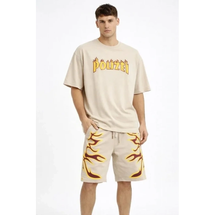 Erkek Bej Oversize Baskılı Tişört Şort Takım Cepli Şort Yazlık Rahat Günlük Kombin - Bej