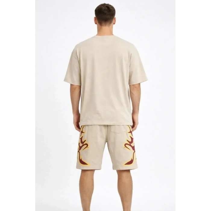 Erkek Bej Oversize Baskılı Tişört Şort Takım Cepli Şort Yazlık Rahat Günlük Kombin - Bej