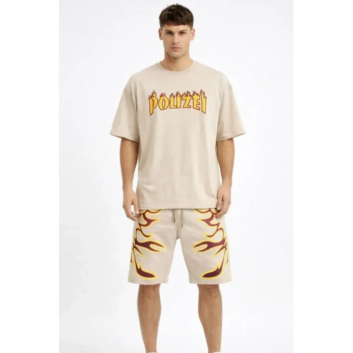 Erkek Bej Oversize Baskılı Tişört Şort Takım Cepli Şort Yazlık Rahat Günlük Kombin - Bej