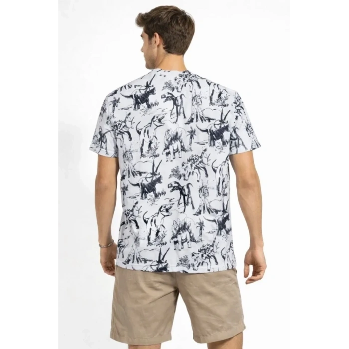 Erkek Beyaz Dinozor Desenli Tişört – Regular Fit, Bisiklet Yaka, Dijital Baskılı Pamuklu T-Shirt - Beyaz