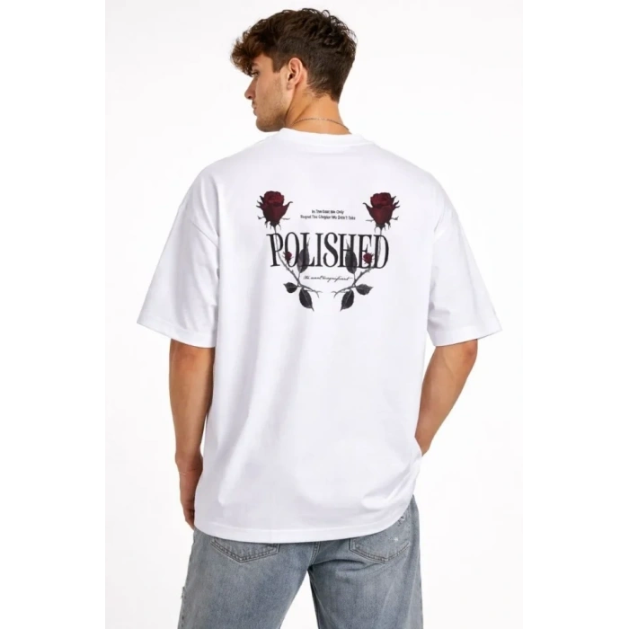 Erkek Bisiklet Yaka Baskılı Kısa Kollu Tişört Streetwear Günlük Basic Pamuklu T-shirt - Beyaz