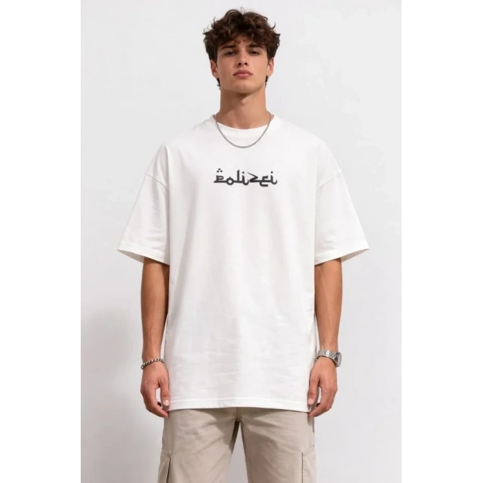 Erkek Bisiklet Yaka Baskılı Kısa Kollu Tişört Streetwear Günlük Basic Pamuklu T-shirt - Beyaz