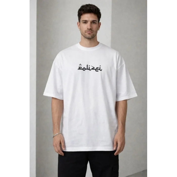 Erkek Bisiklet Yaka Baskılı Kısa Kollu Tişört Streetwear Günlük Basic Pamuklu T-shirt - Beyaz