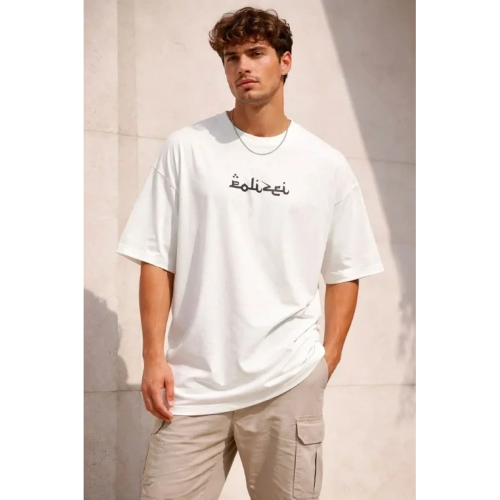 Erkek Bisiklet Yaka Baskılı Kısa Kollu Tişört Streetwear Günlük Basic Pamuklu T-shirt - Beyaz