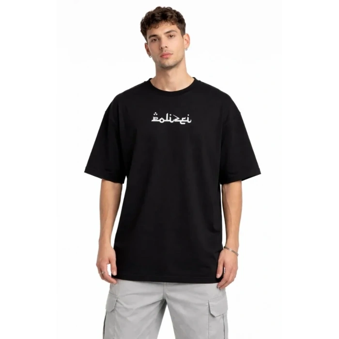 Erkek Bisiklet Yaka Baskılı Kısa Kollu Tişört Streetwear Günlük Basic Pamuklu T-shirt - Siyah