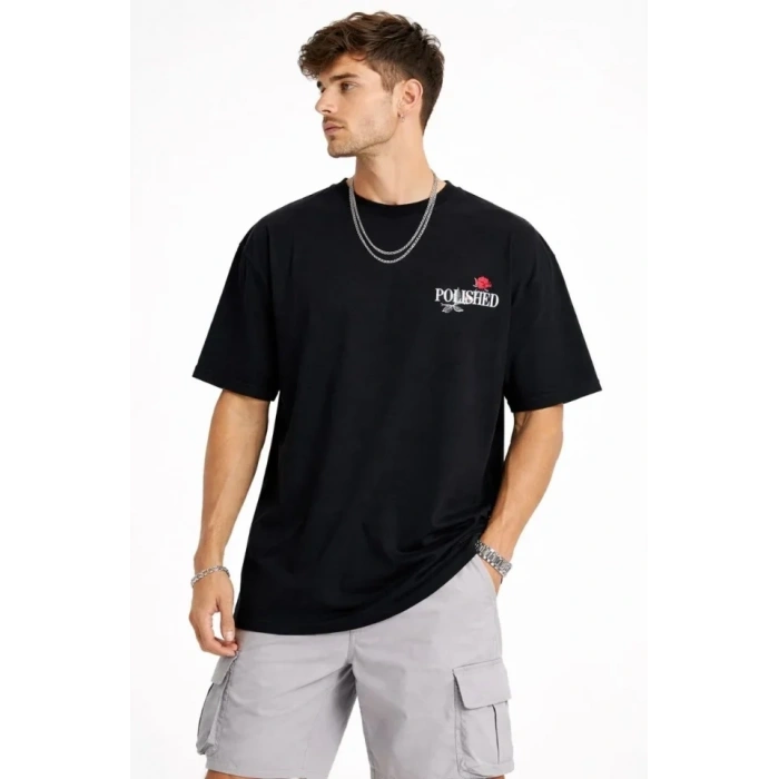 Erkek Bisiklet Yaka Baskılı  Kısa Kollu Tişört Streetwear Günlük Basic Pamuklu T-shirt - Siyah