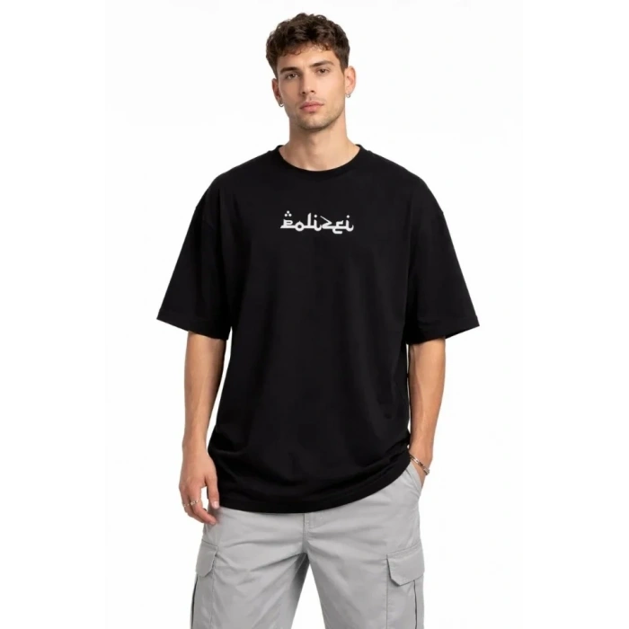 Erkek Bisiklet Yaka Baskılı Kısa Kollu Tişört Streetwear Günlük Basic Pamuklu T-shirt - Siyah