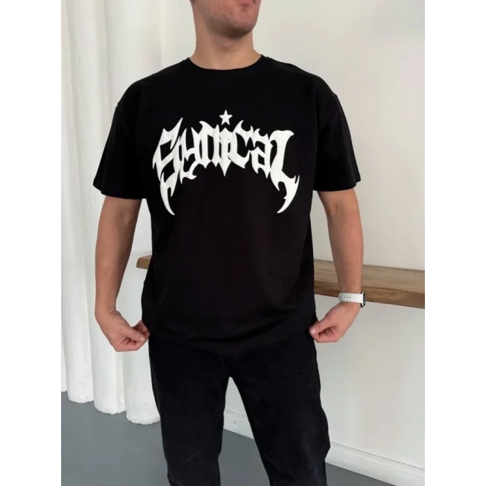 Erkek Bisiklet Yaka Ön Baskılı  Kısa Kollu Tişört Streetwear Günlük Basic Pamuklu T-shirt - Siyah