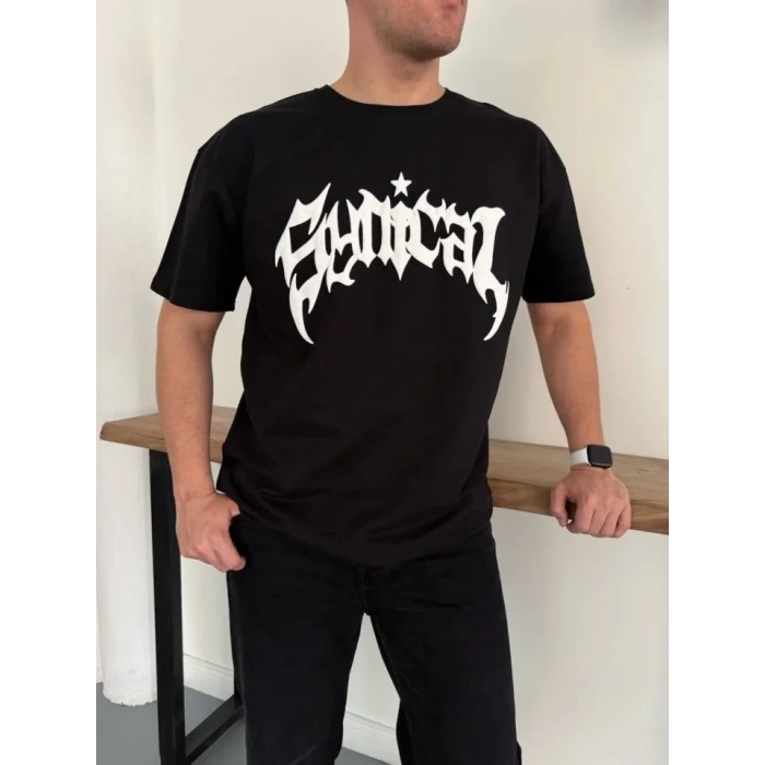 Erkek Bisiklet Yaka Ön Baskılı  Kısa Kollu Tişört Streetwear Günlük Basic Pamuklu T-shirt - Siyah