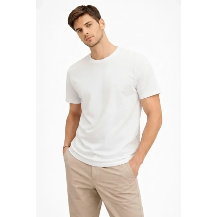 Erkek Bisiklet Yaka Tişört Regular Kalıp Basic Pamuklu Günlük Kullanım T-shirt - Beyaz