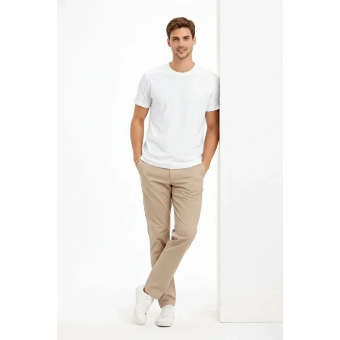 Erkek Bisiklet Yaka Tişört Regular Kalıp Basic Pamuklu Günlük Kullanım T-shirt - Beyaz