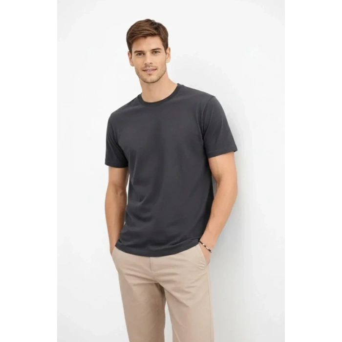 Erkek Bisiklet Yaka Tişört Regular Kalıp Basic Pamuklu Günlük Kullanım T-shirt - Füme