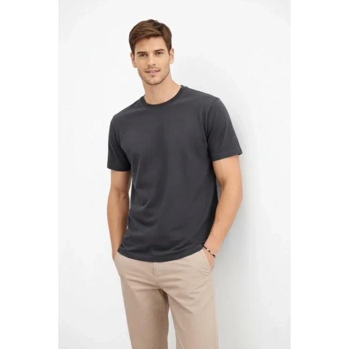 Erkek Bisiklet Yaka Tişört Regular Kalıp Basic Pamuklu Günlük Kullanım T-shirt - Füme