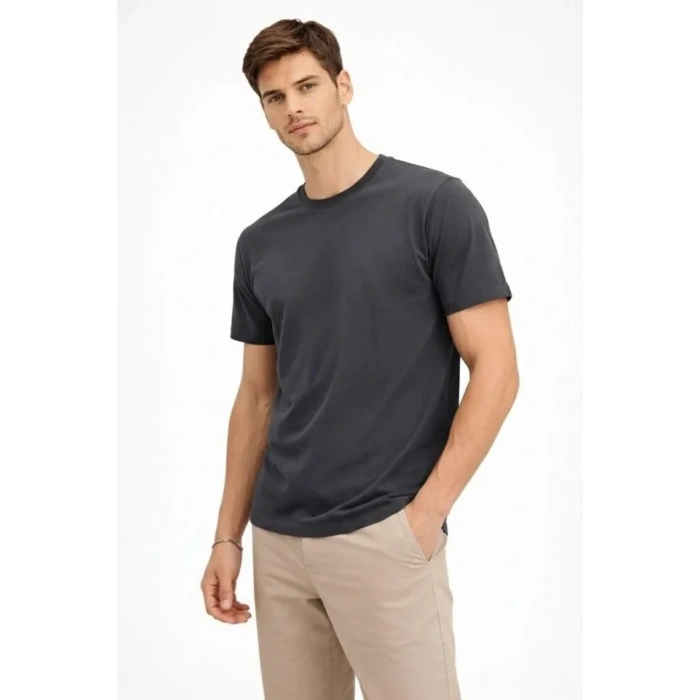 Erkek Bisiklet Yaka Tişört Regular Kalıp Basic Pamuklu Günlük Kullanım T-shirt - Füme