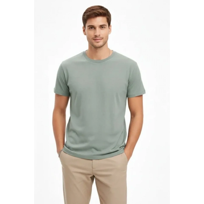 Erkek Bisiklet Yaka Tişört Regular Kalıp Basic Pamuklu Günlük Kullanım T-shirt - Mint Yeşili