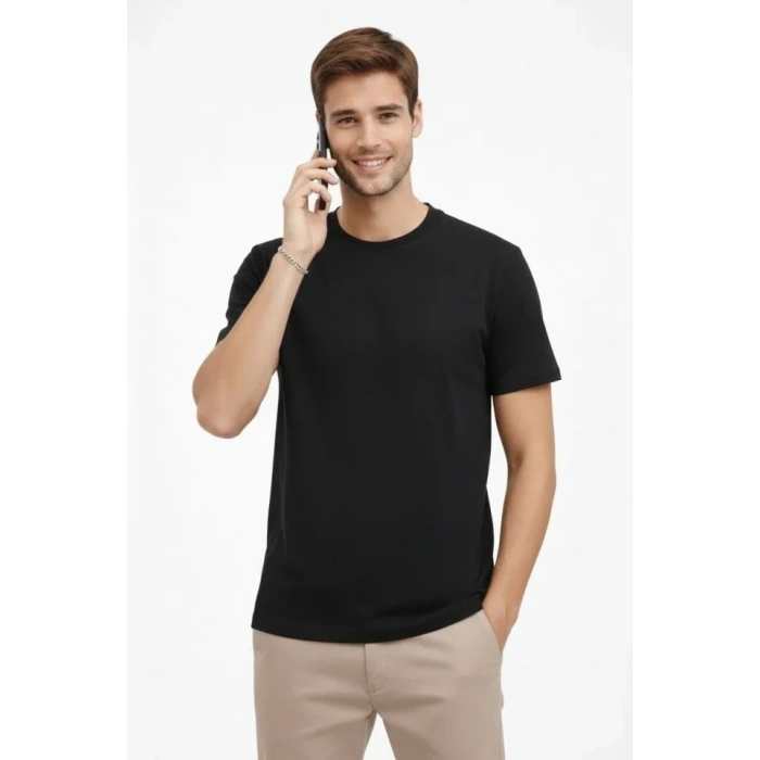 Erkek Bisiklet Yaka Tişört Regular Kalıp Basic Pamuklu Günlük Kullanım T-shirt - Siyah