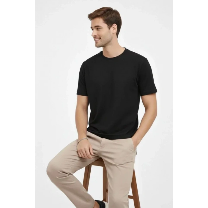 Erkek Bisiklet Yaka Tişört Regular Kalıp Basic Pamuklu Günlük Kullanım T-shirt - Siyah
