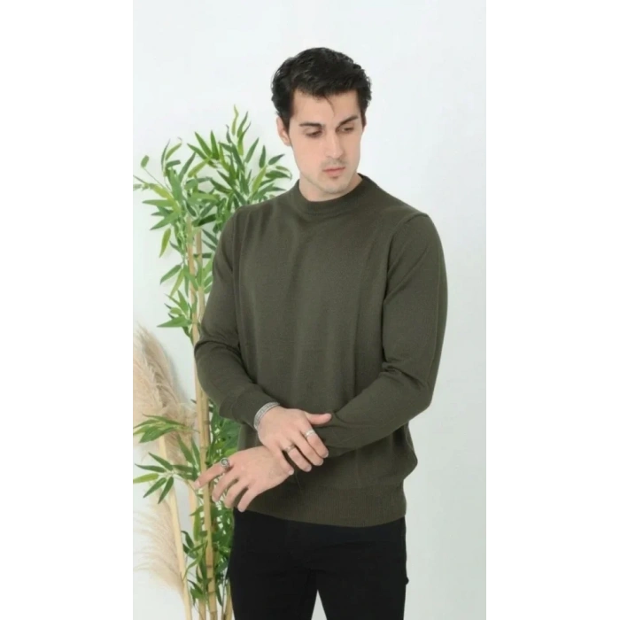 Erkek Bisiklet Yaka Triko Kazak Yumuşak Dokulu Pamuklu Ince Dokuma Uzun Kollu - Haki