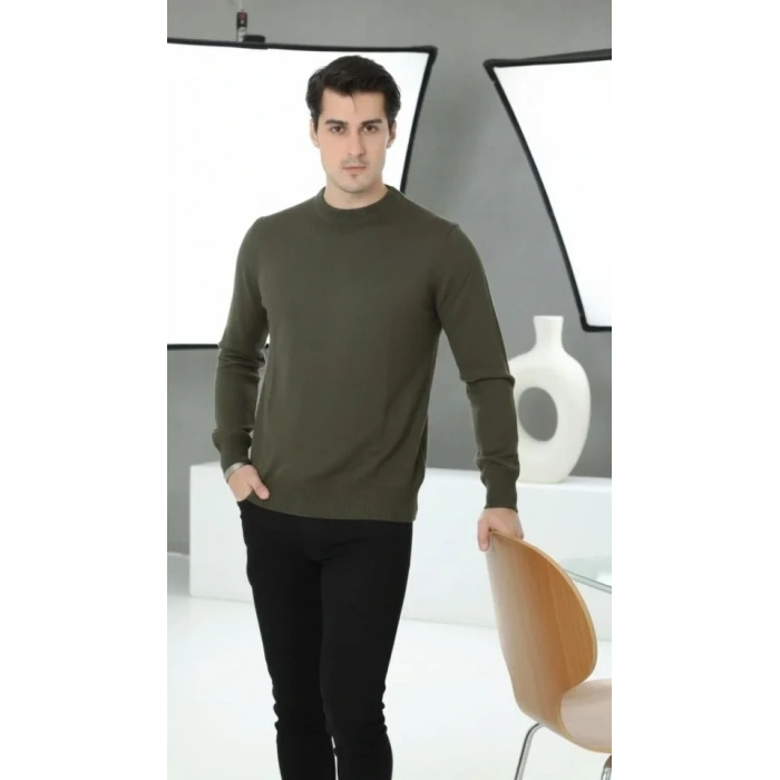 Erkek Bisiklet Yaka Triko Kazak Yumuşak Dokulu Pamuklu Ince Dokuma Uzun Kollu - Haki