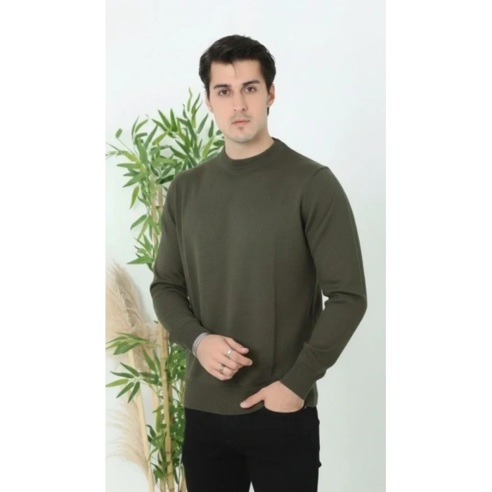 Erkek Bisiklet Yaka Triko Kazak Yumuşak Dokulu Pamuklu Ince Dokuma Uzun Kollu - Haki