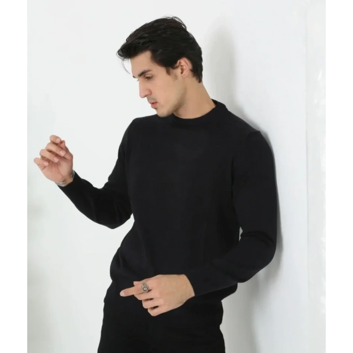 Erkek Bisiklet Yaka Triko Kazak Yumuşak Dokulu Pamuklu Ince Dokuma, Uzun Kollu Rahat Regular Kalıp - Siyah