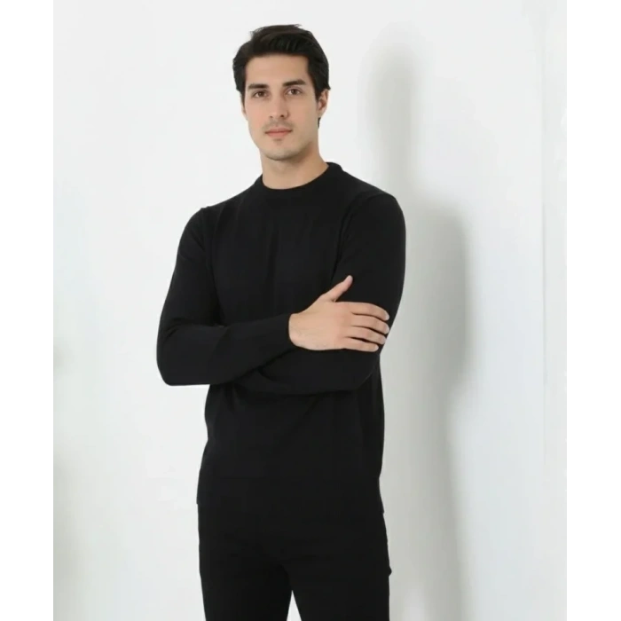 Erkek Bisiklet Yaka Triko Kazak Yumuşak Dokulu Pamuklu Ince Dokuma, Uzun Kollu Rahat Regular Kalıp - Siyah