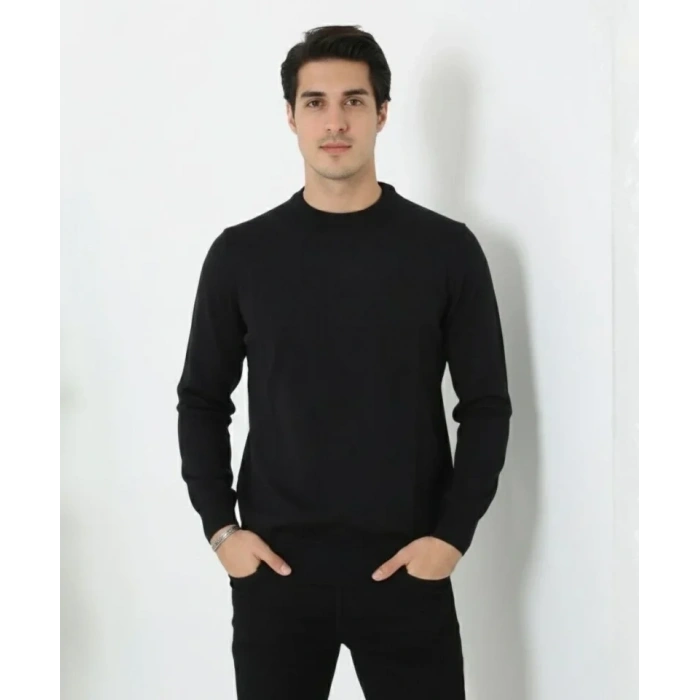 Erkek Bisiklet Yaka Triko Kazak Yumuşak Dokulu Pamuklu Ince Dokuma, Uzun Kollu Rahat Regular Kalıp - Siyah