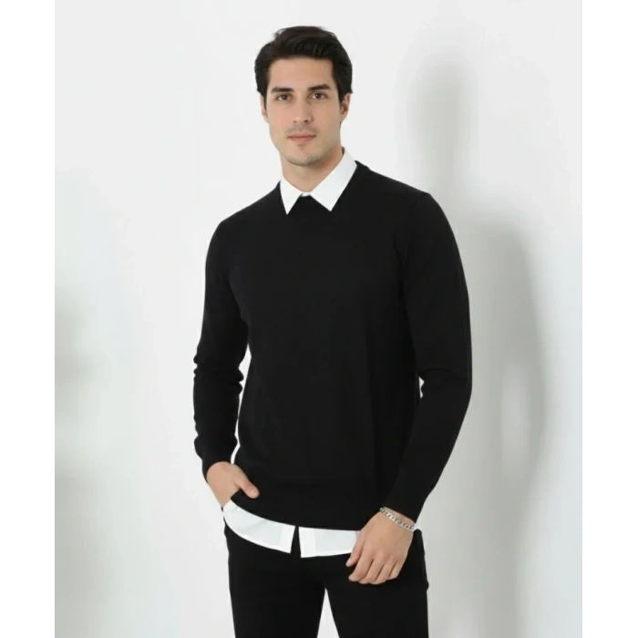 Erkek Bisiklet Yaka Triko Kazak Yumuşak Dokulu Pamuklu Ince Dokuma, Uzun Kollu Rahat Regular Kalıp - Siyah