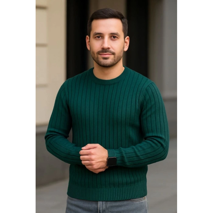 Erkek Bisiklet Yuvarlak Yaka Triko Kazak Pamuklu Kalın Fitilli Dokuma, Regular Fit Uzun Kollu Kışlık Model - Haki