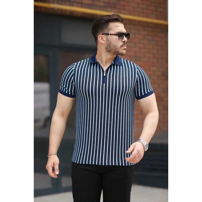 Erkek çizgili Fermuar Yakalı Kısa Kollu Tişört