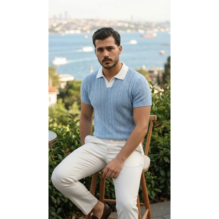 Erkek Desenli Kısa Kollu Triko Tişört - %100 Pamuk Akrilik