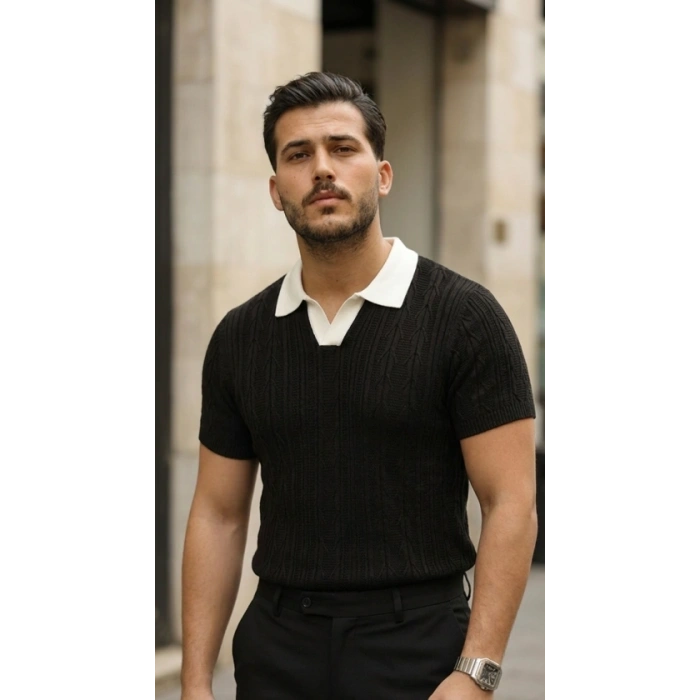 Erkek Desenli Kısa Kollu Triko Tişört - %100 Pamuk Akrilik