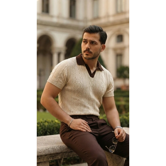 Erkek Desenli Kısa Kollu Triko Tişört - %100 Pamuk Akrilik