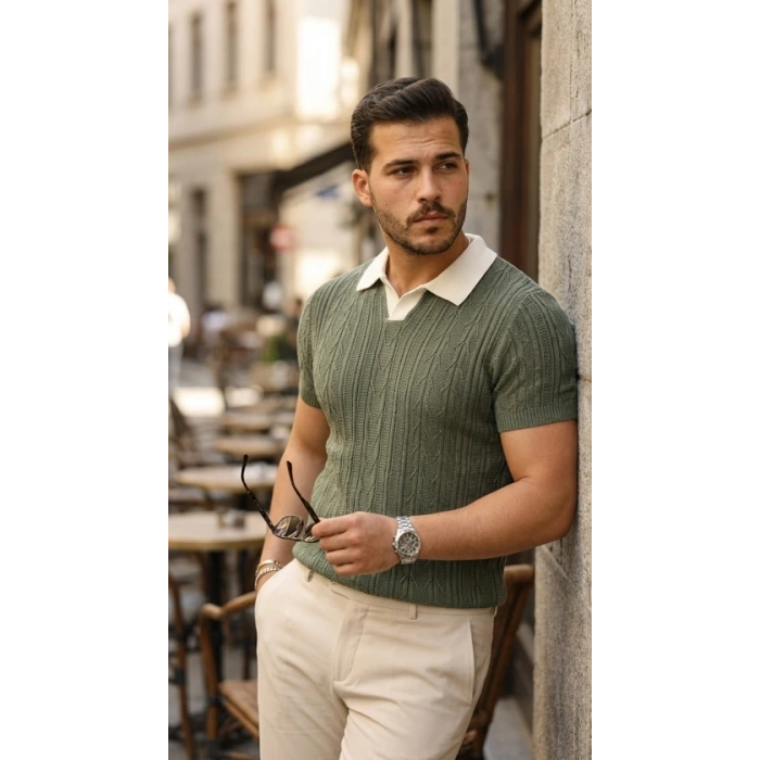 Erkek Desenli Kısa Kollu Triko Tişört - %100 Pamuk Akrilik