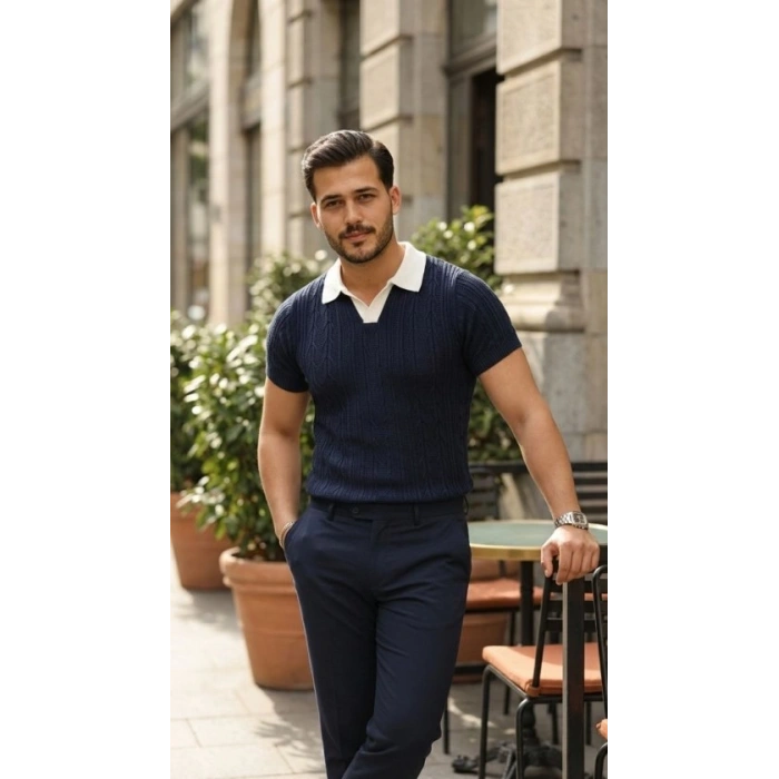 Erkek Desenli Kısa Kollu Triko Tişört - %100 Pamuk Akrilik