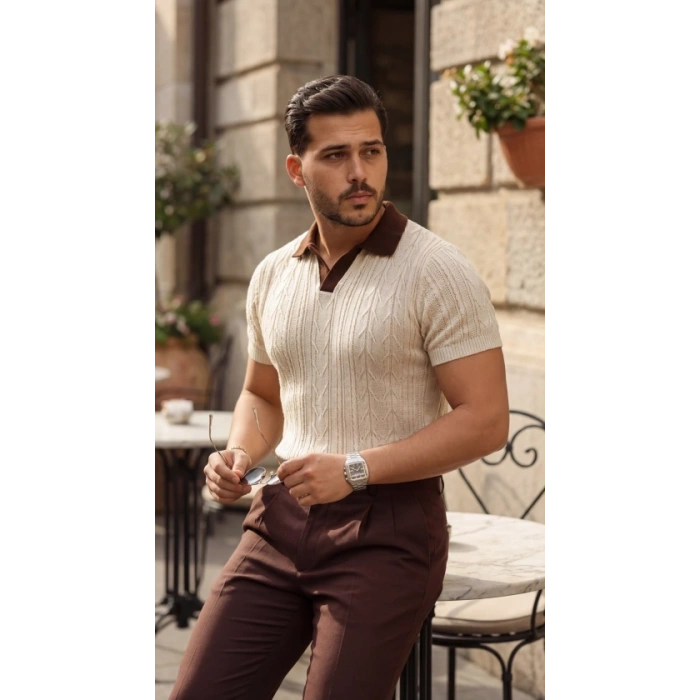 Erkek Desenli Kısa Kollu Triko Tişört - %100 Pamuk Akrilik