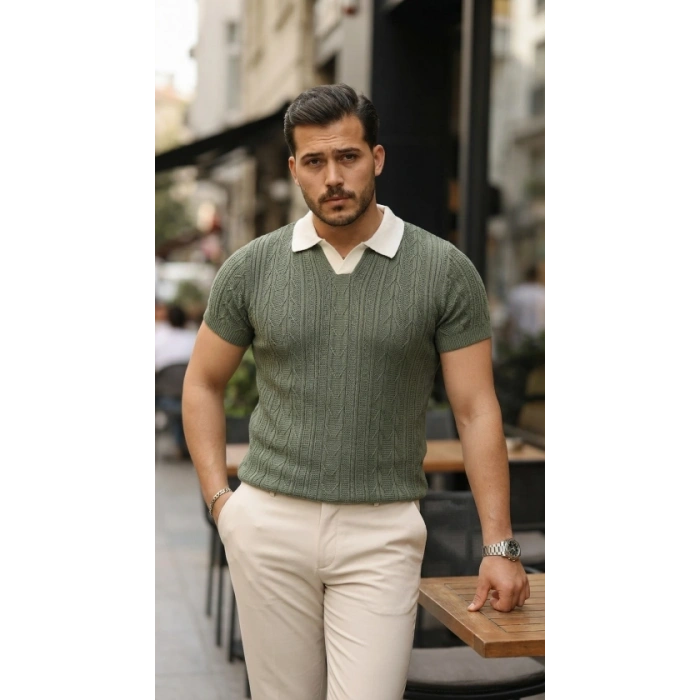 Erkek Desenli Kısa Kollu Triko Tişört - %100 Pamuk Akrilik