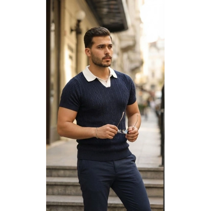 Erkek Desenli Kısa Kollu Triko Tişört - %100 Pamuk Akrilik