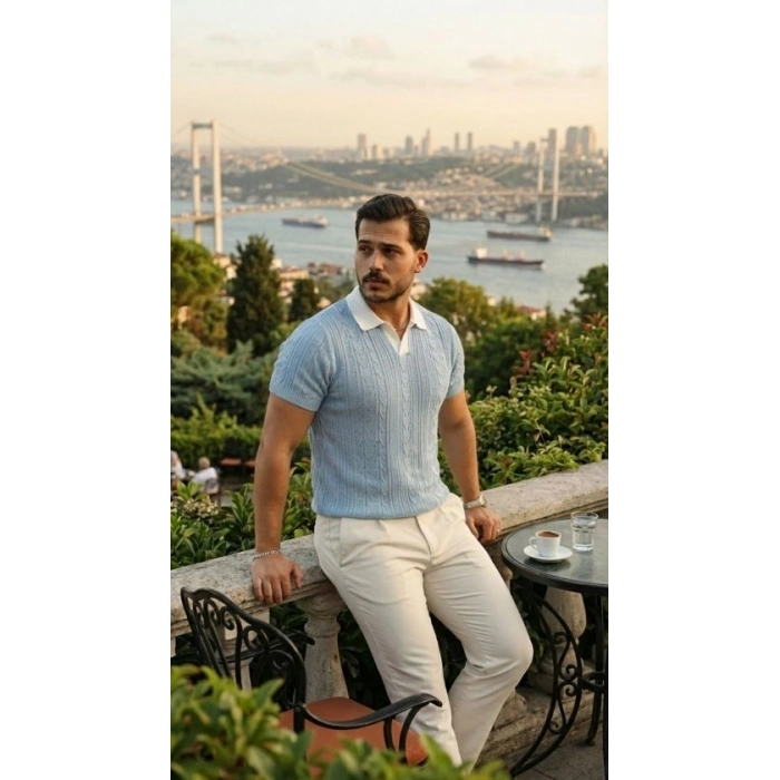 Erkek Desenli Kısa Kollu Triko Tişört - %100 Pamuk Akrilik