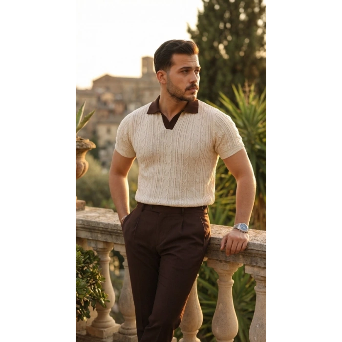 Erkek Desenli Kısa Kollu Triko Tişört - %100 Pamuk Akrilik