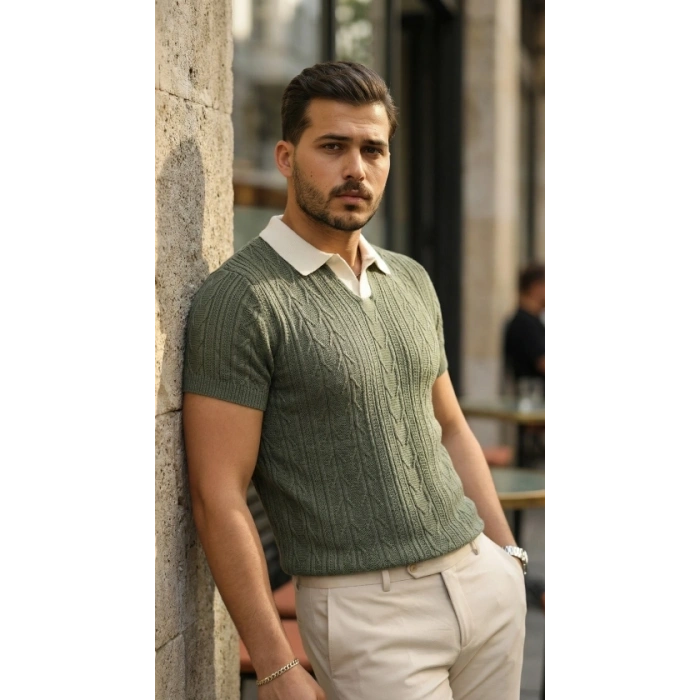 Erkek Desenli Kısa Kollu Triko Tişört - %100 Pamuk Akrilik