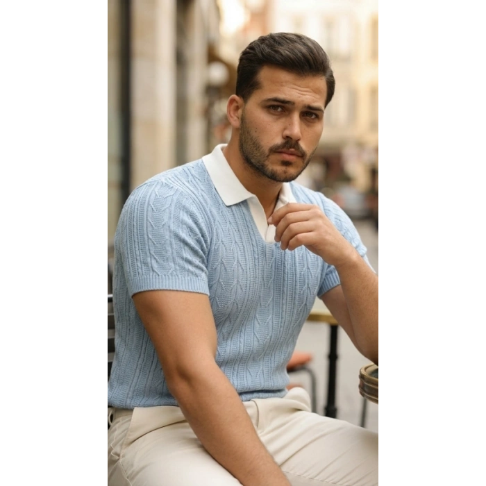 Erkek Desenli Kısa Kollu Triko Tişört - %100 Pamuk Akrilik