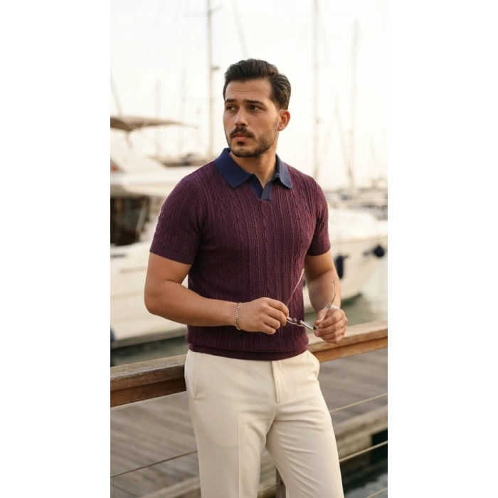 Erkek Desenli Kısa Kollu Triko Tişört - %100 Pamuk Akrilik