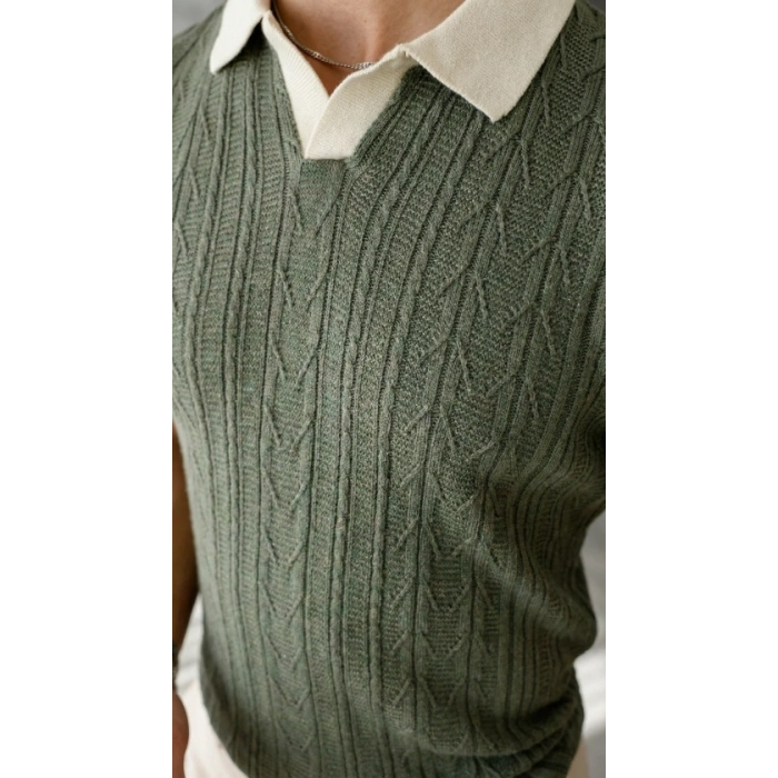 Erkek Desenli Kısa Kollu Triko Tişört - %100 Pamuk Akrilik