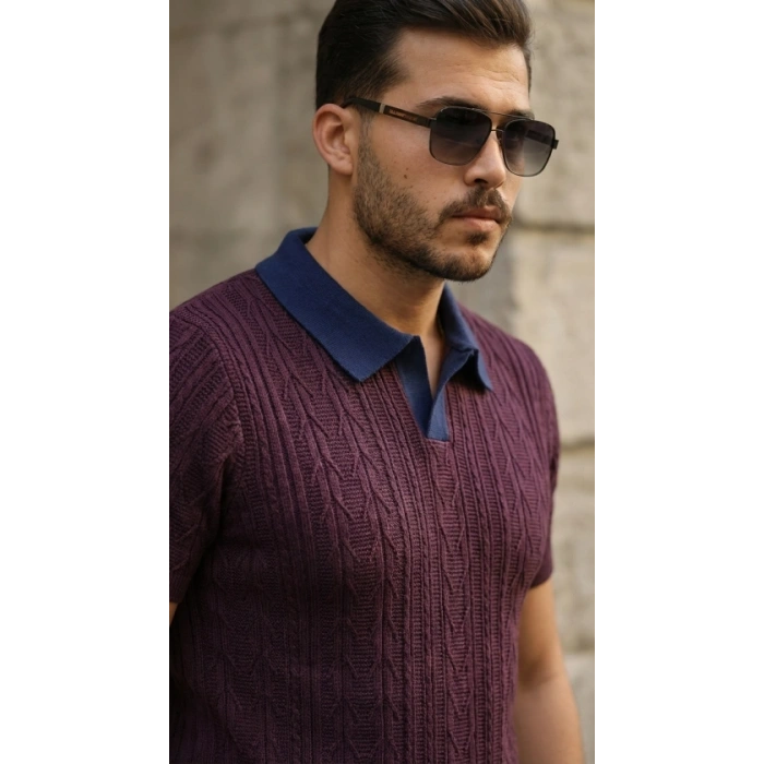 Erkek Desenli Kısa Kollu Triko Tişört - %100 Pamuk Akrilik